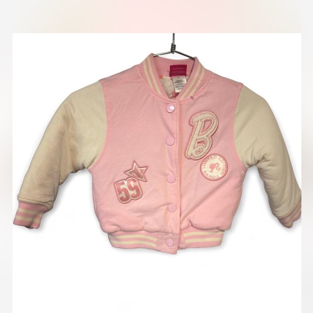 Barbie Pink limited edition Cream Varsity Jacket for Kids with Patch Details